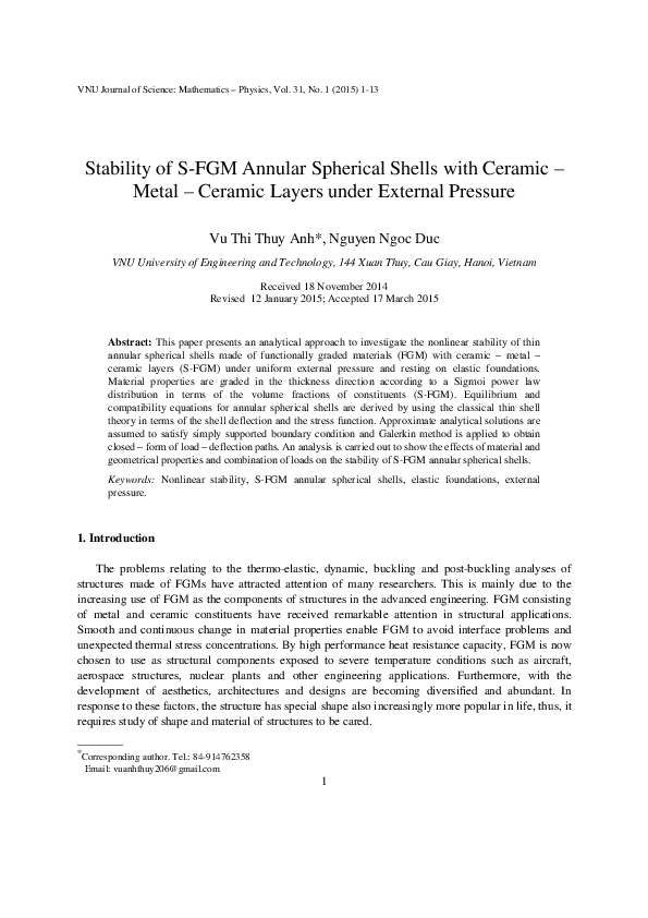 (PDF) Stability of S-FGM Annular Spherical Shells with Ceramic – Metal ...