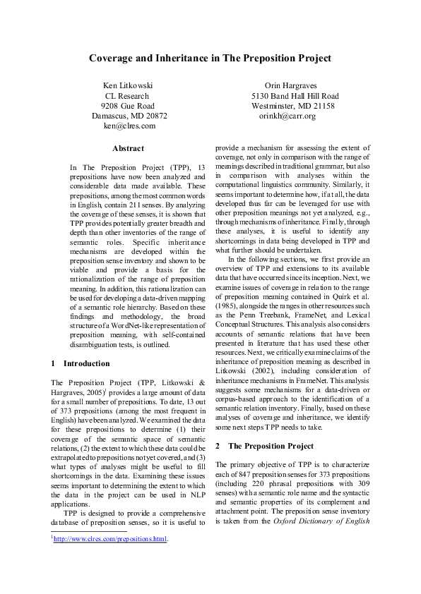 (PDF) Coverage and inheritance in the preposition project