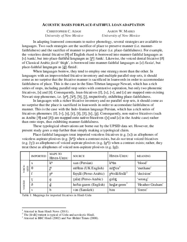 (PDF) Acoustic Bases for Place-Faithful Loan Adaptation