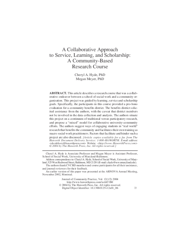 (PDF) A Collaborative Approach to Service, Learning, and Scholarship