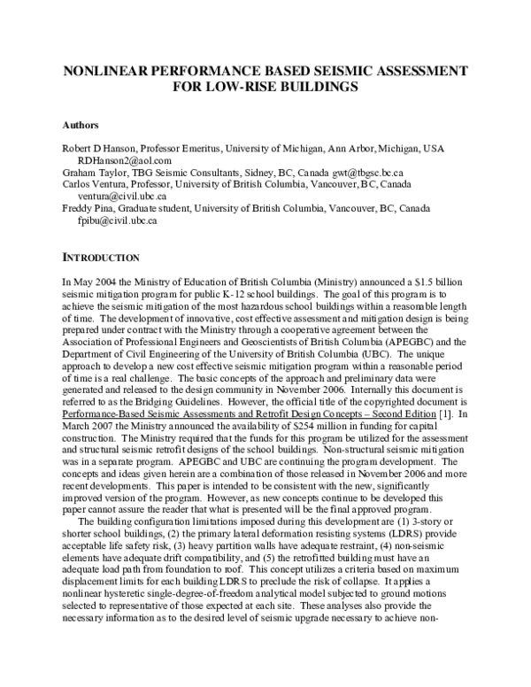 (PDF) Nonlinear Performance Based Seismic Assessment for Low-Rise Buildings