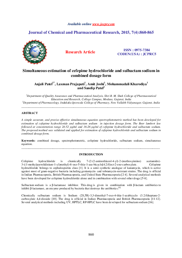 (PDF) Simultaneous estimation of cefepime hydrochloride and sulbactam ...