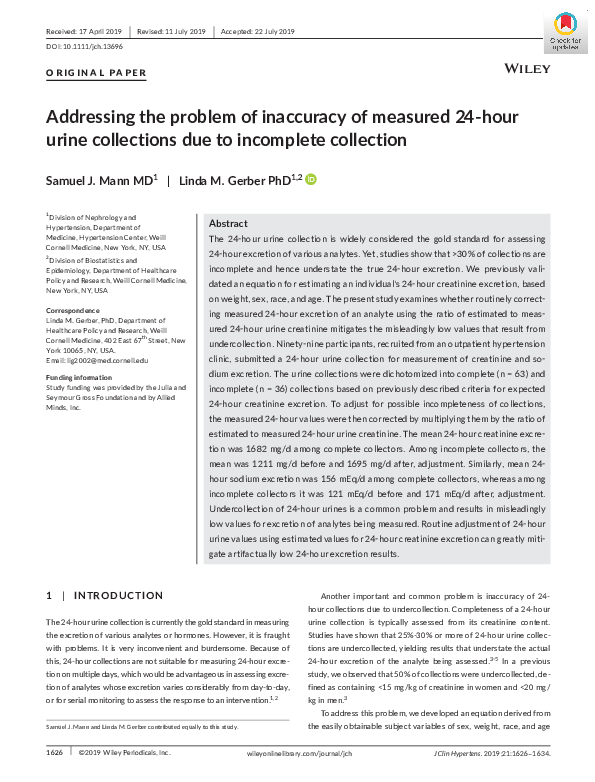 (PDF) Addressing the problem of inaccuracy of measured 24‐hour urine ...
