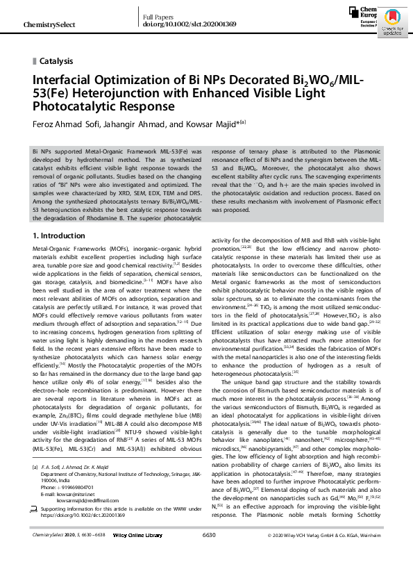 (PDF) Interfacial Optimization of Bi NPs Decorated Bi 2 WO 6 /MIL‐53(Fe ...