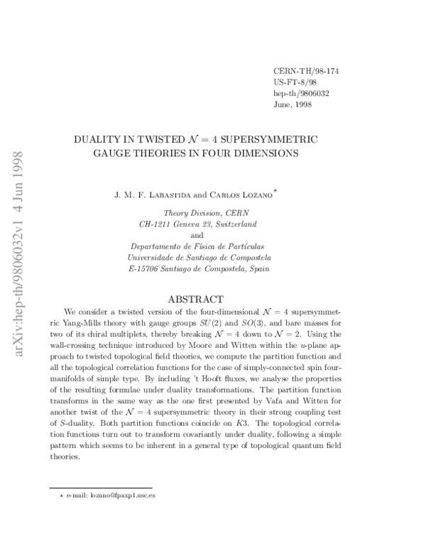 (PDF) Duality in twisted = 4 supersymmetric gauge theories in four ...