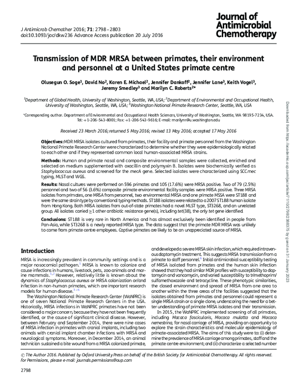 (PDF) Transmission of MDR MRSA between primates, their environment and ...