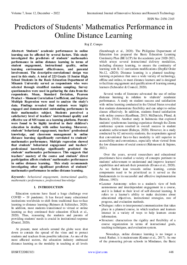 (PDF) Predictors of Students' Mathematics Performance in Online ...