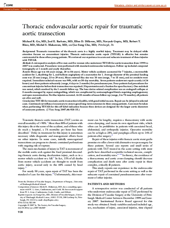 (PDF) Thoracic endovascular aortic repair for traumatic aortic transection