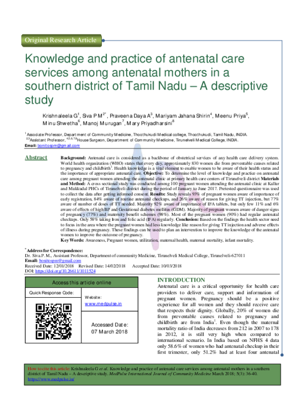 (PDF) Knowledge and practice of antenatal care services among antenatal ...