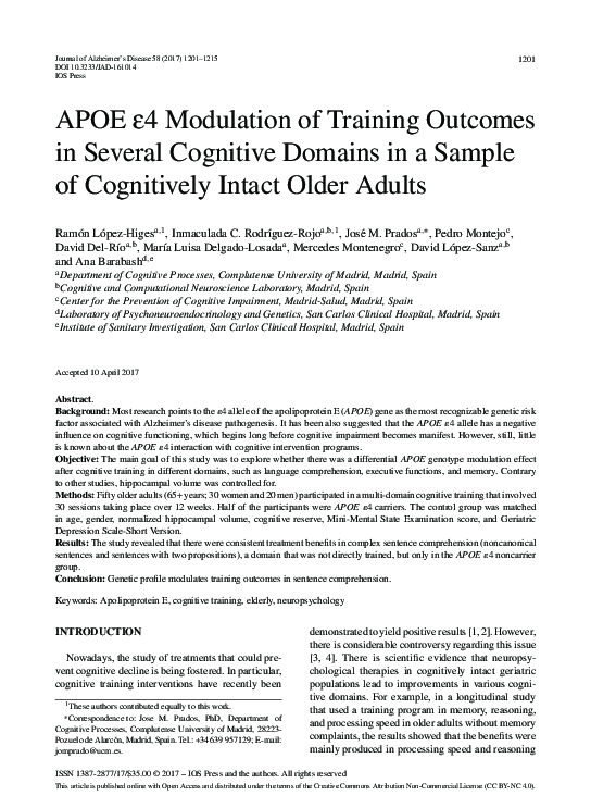 (PDF) APOE ε4 Modulation of Training Outcomes in Several Cognitive ...