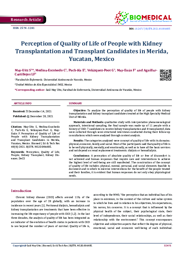 (PDF) Perception of Quality of Life of People with Kidney ...