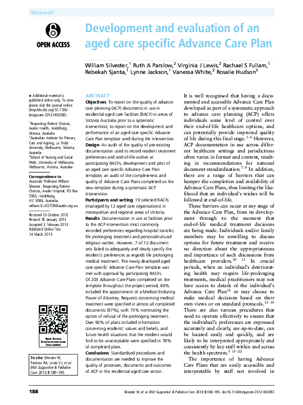 (PDF) Development and evaluation of an aged care specific Advance Care Plan