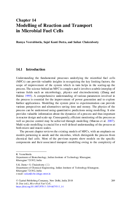 (PDF) Modelling of Reaction and Transport in Microbial Fuel Cells