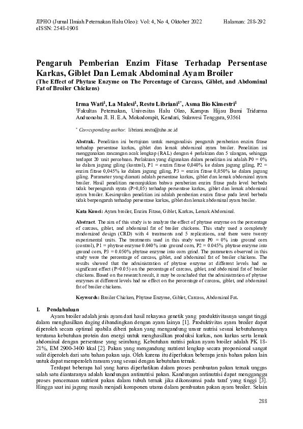 (PDF) Pengaruh Pemberian Enzim Fitase Terhadap Persentase Karkas