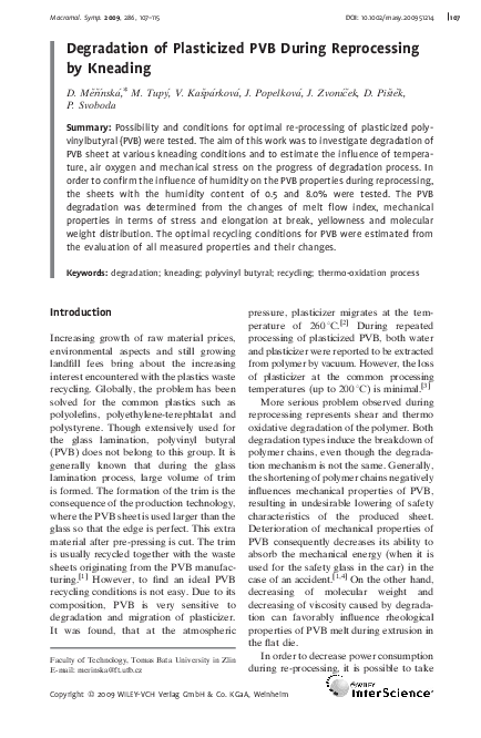 (PDF) Degradation of Plasticized PVB During Reprocessing by Kneading