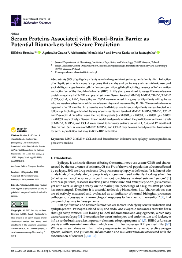 (PDF) Serum Proteins Associated with Blood–Brain Barrier as Potential ...