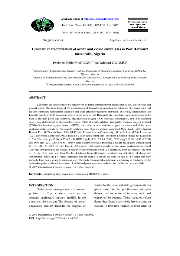 (PDF) Leachate characterization of active and closed dump sites in Port ...