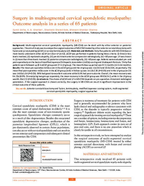 (PDF) Surgery in multisegmental cervical spondylotic myelopathy ...