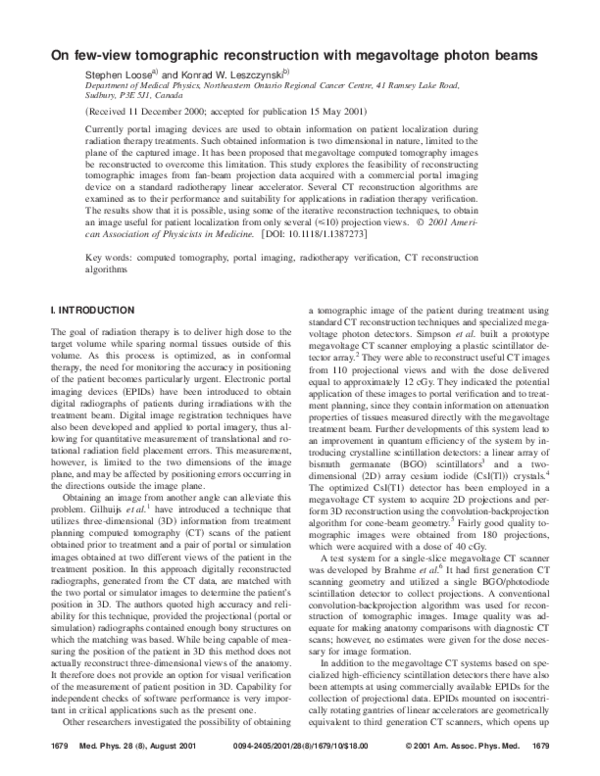 (PDF) On few-view tomographic reconstruction with megavoltage photon beams