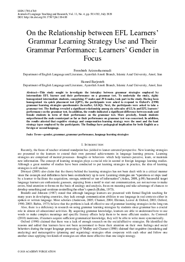 (PDF) On the Relationship between EFL Learners’ Grammar Learning ...