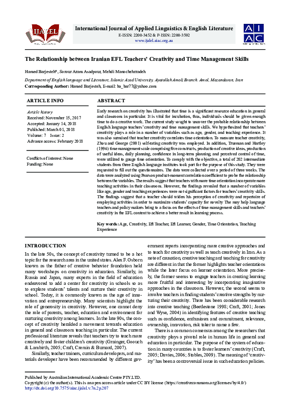 (PDF) The Relationship between Iranian EFL Teachers’ Creativity and ...
