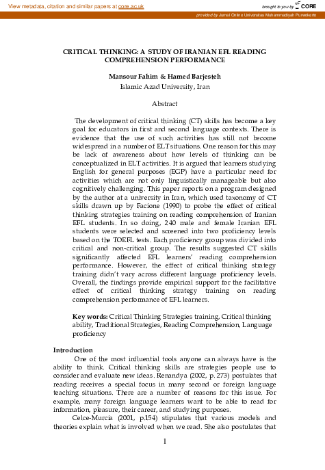 Pdf Critical Thinking A Study Of Iranian Efl Reading Comprehension