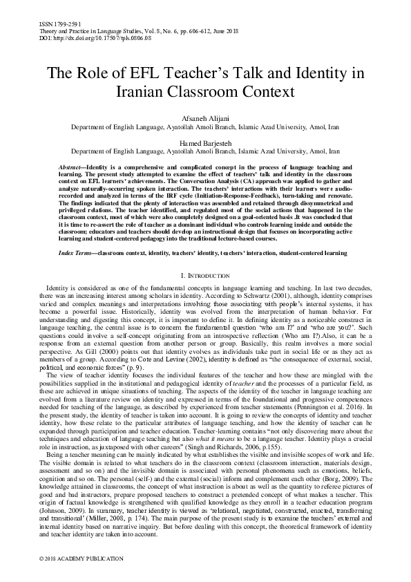 (PDF) The Role of EFL Teacher’s Talk and Identity in Iranian Classroom ...