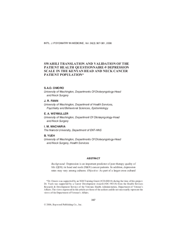 (PDF) Swahili Translation and Validation of the Patient Health ...