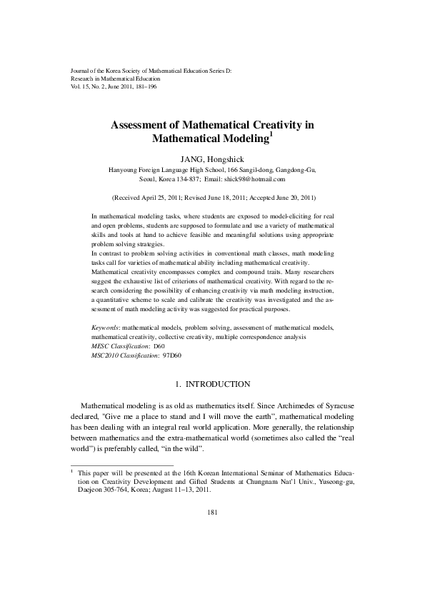 (PDF) Assessment of Mathematical Creativity in Mathematical Modeling