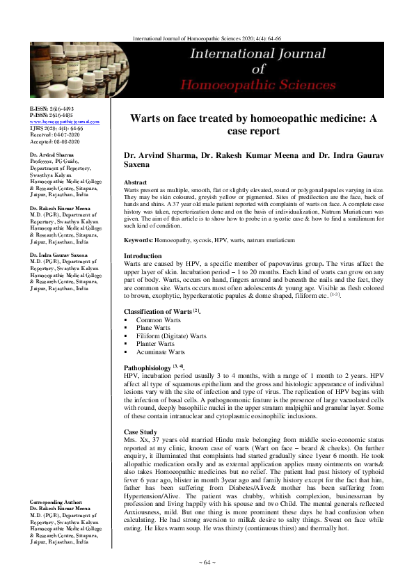 (PDF) Warts on face treated by homoeopathic medicine A case report