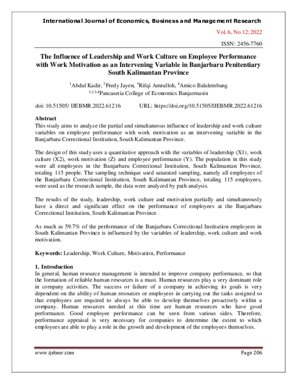 (PDF) The Influence of Leadership and Work Culture on Employee ...