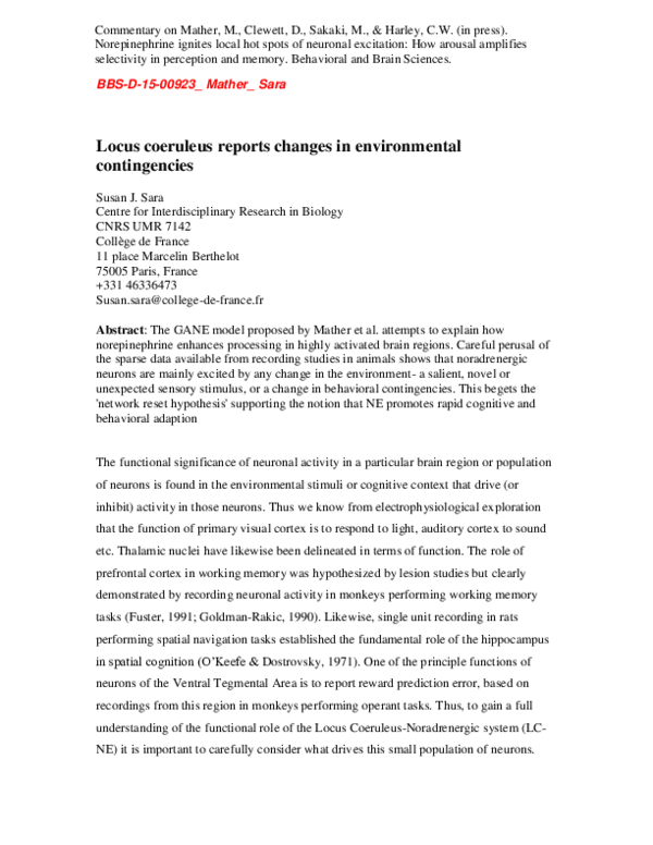 (PDF) Locus coeruleus reports changes in environmental contingencies