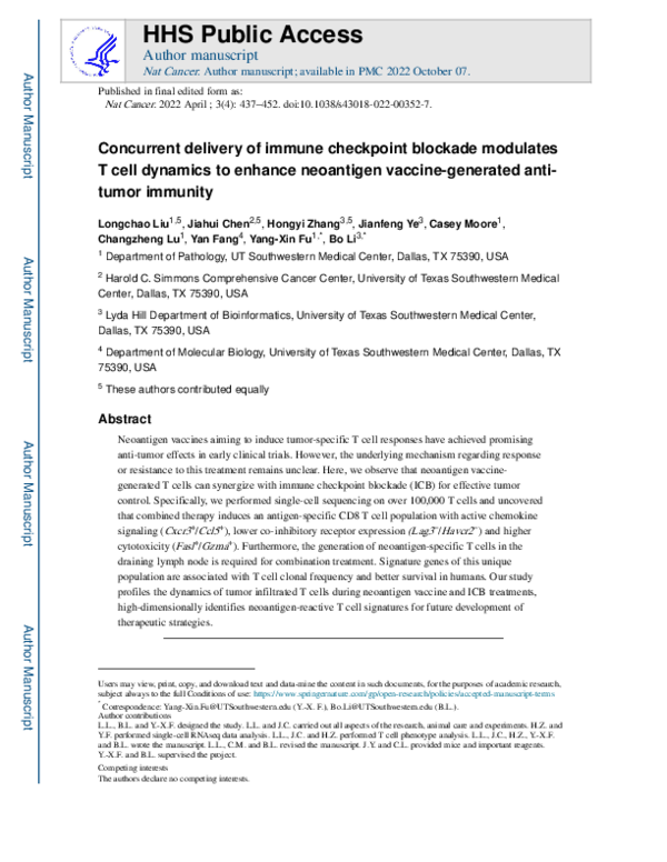 (PDF) Concurrent delivery of immune checkpoint blockade modulates T ...