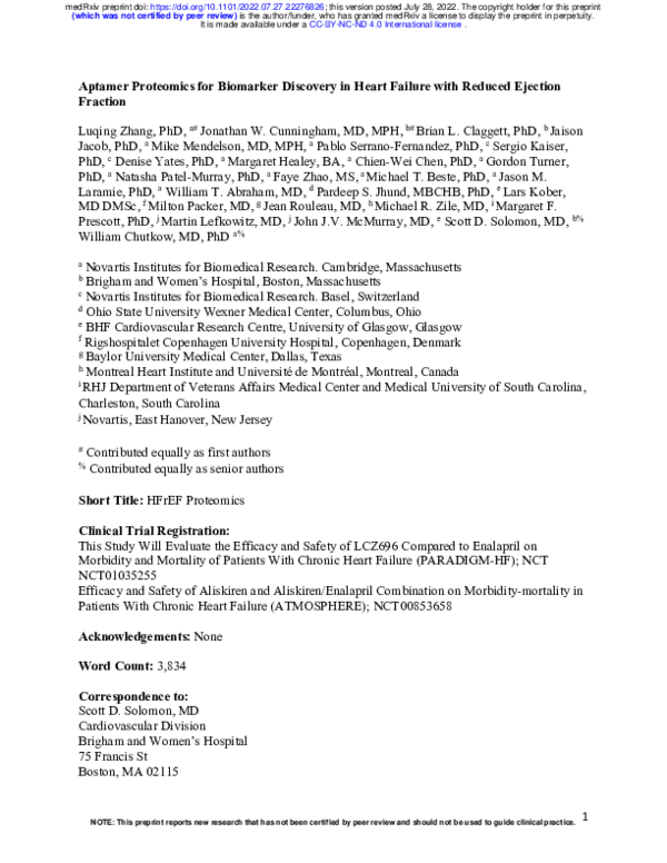 (PDF) Aptamer Proteomics for Biomarker Discovery in Heart Failure with ...