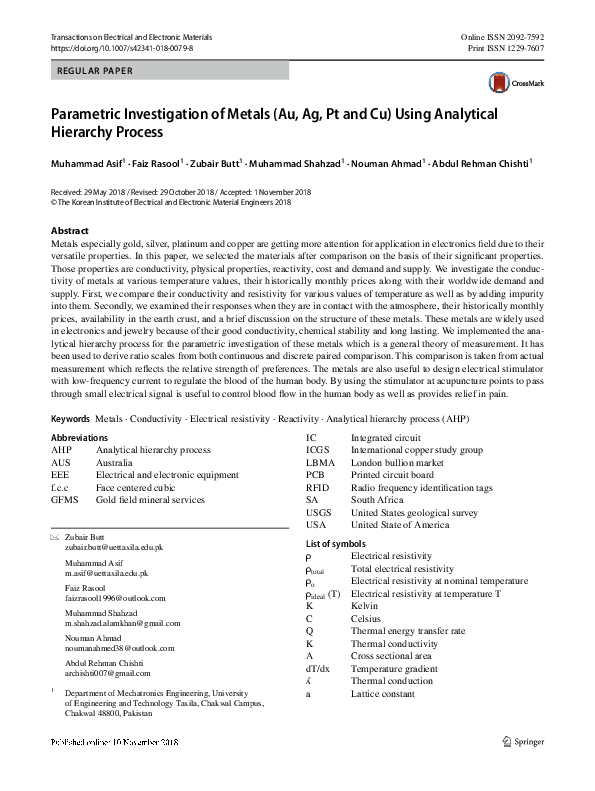 (PDF) Parametric Investigation of Metals (Au, Ag, Pt and Cu) Using ...