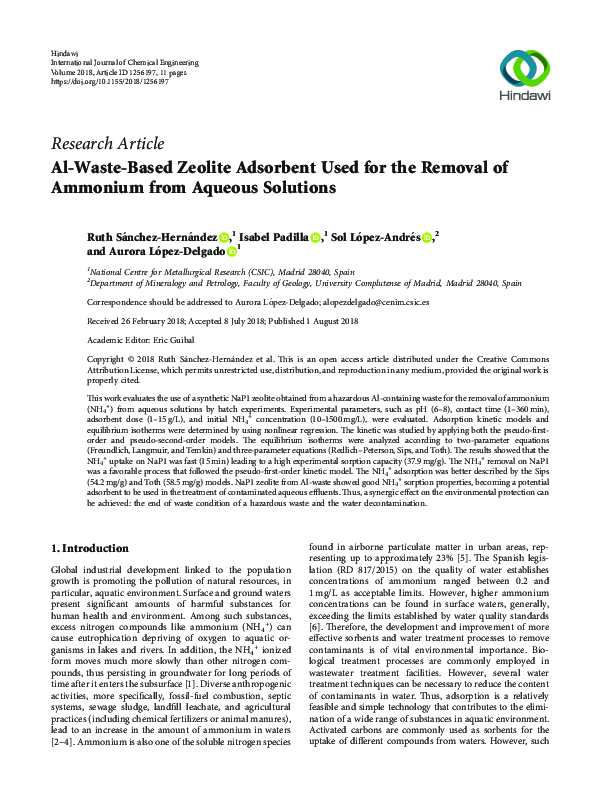 (PDF) Al-Waste-Based Zeolite Adsorbent Used for the Removal of Ammonium ...
