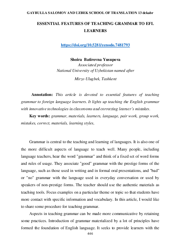 (PDF) Essential Features of Teaching Grammar to Efl Learners