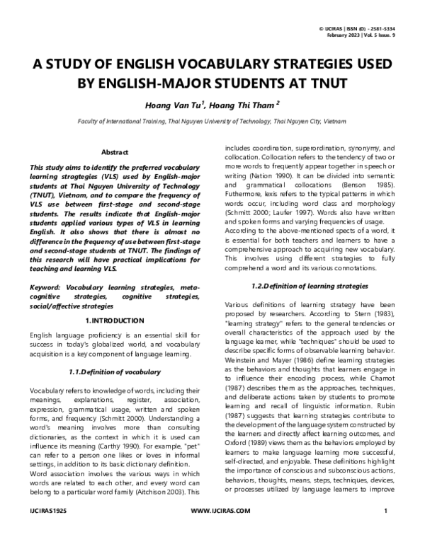 (PDF) A STUDY OF ENGLISH VOCABULARY STRATEGIES USED BY ENGLISH-MAJOR ...