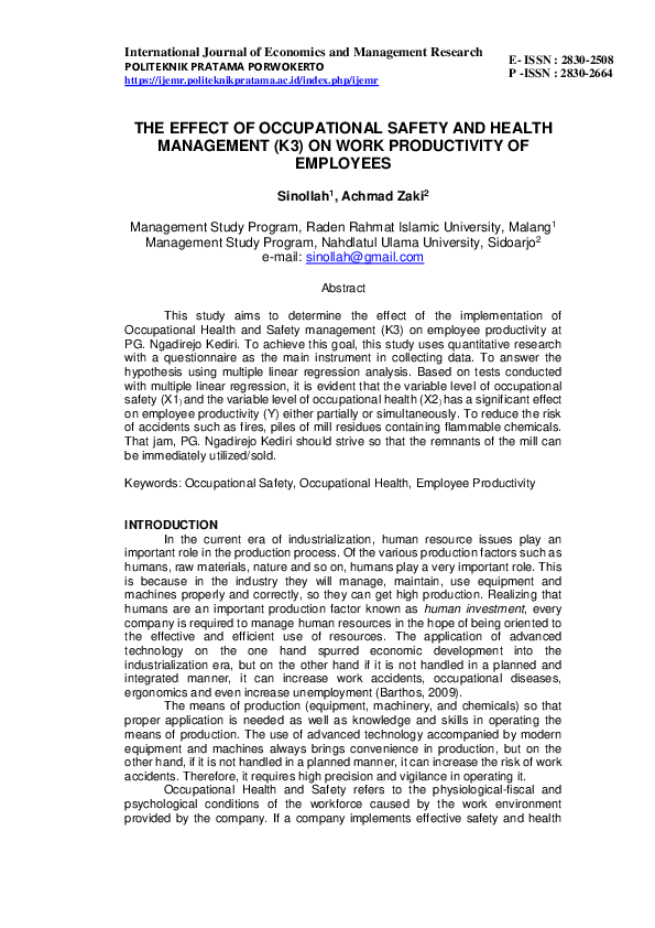 (PDF) The Effect of Occupational Safety and Health Management (K3) on ...