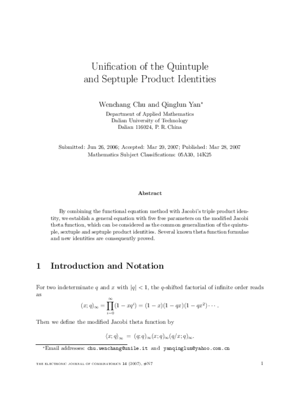 (PDF) Unification of the Quintuple and Septuple Product Identities