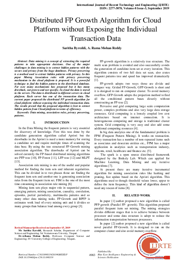 (PDF) Distributed FP Growth Algorithm for Cloud Platform without ...