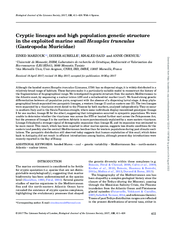 (PDF) Cryptic lineages and high population genetic structure in the ...
