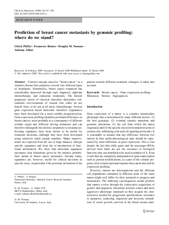 (PDF) Prediction of breast cancer metastasis by genomic profiling ...