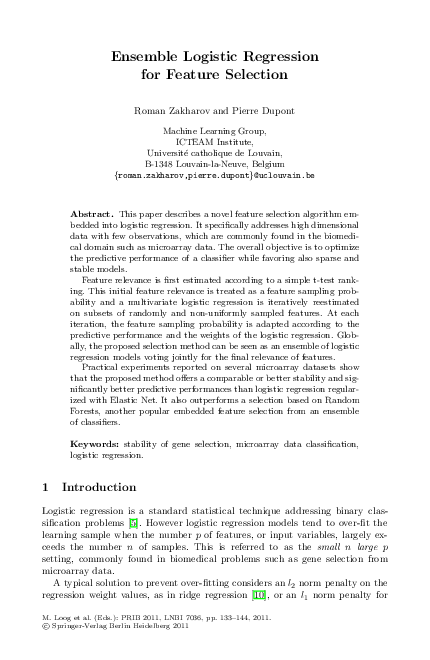 (PDF) Ensemble Logistic Regression for Feature Selection