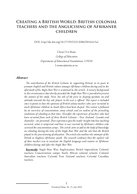 (PDF) Creating a British World: British colonial teachers and the ...