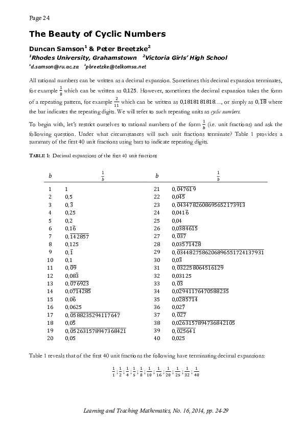(PDF) The beauty of cyclic numbers