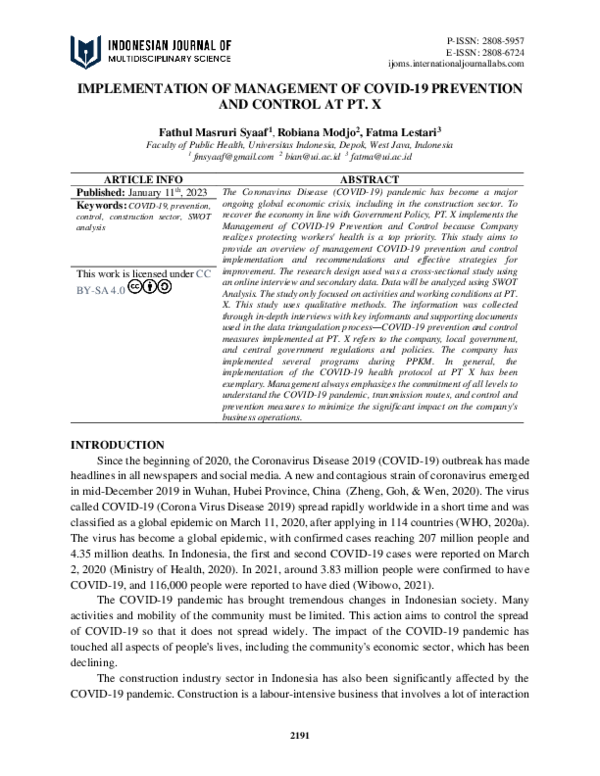 (PDF) Implementation of Management of COVID-19 Prevention and Control ...