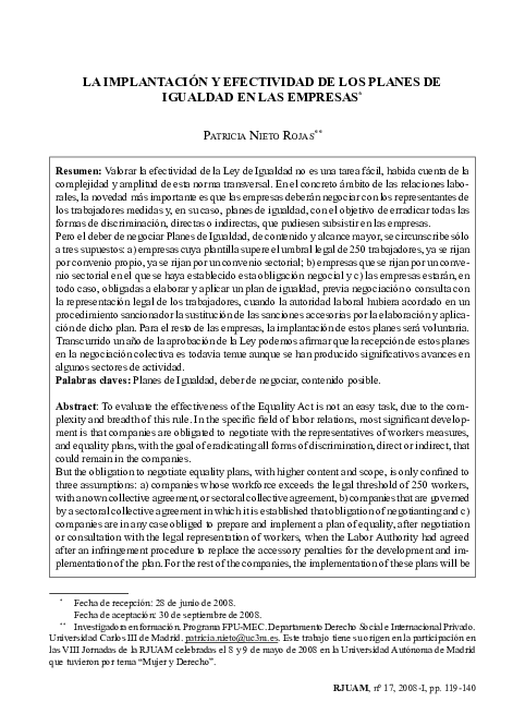(PDF) La implantación y efectividad de los planes de igualdad en las ...