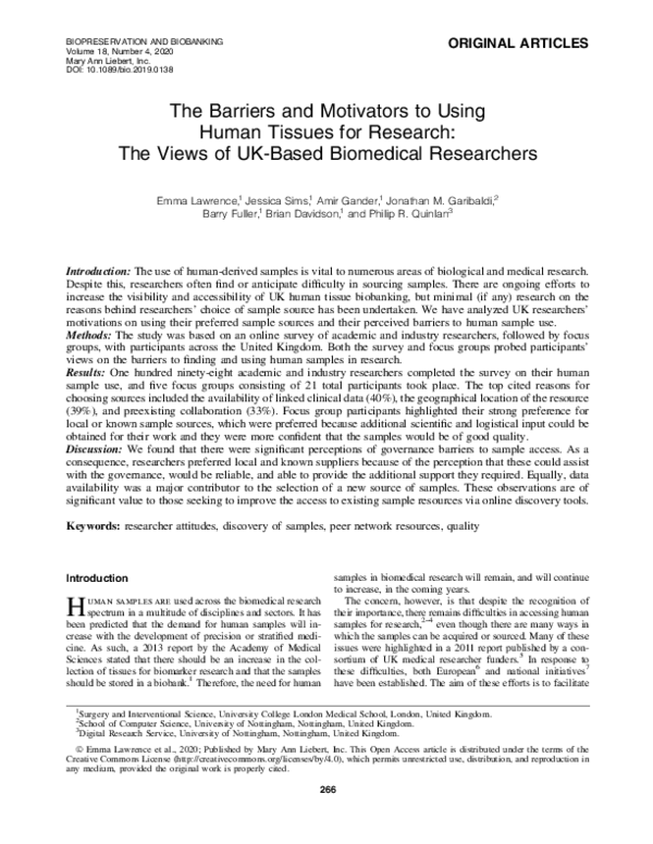 (PDF) The Barriers and Motivators to Using Human Tissues for Research ...