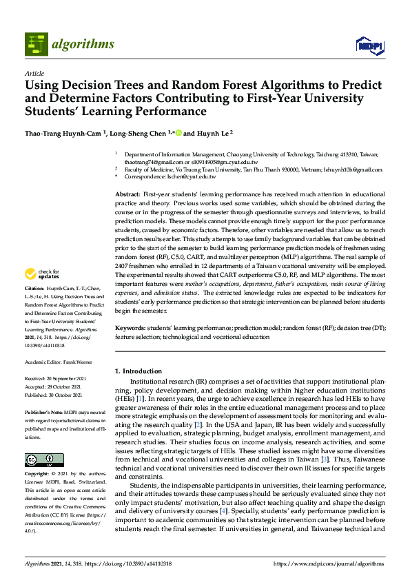 (PDF) Using Decision Trees and Random Forest Algorithms to Predict and ...